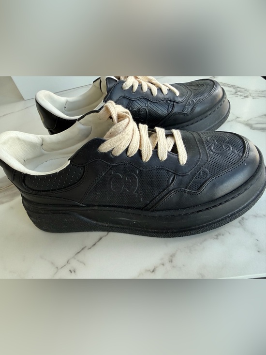 Gucci Shoes - Gucci Black Leather Men’s Low-Top Sneakers with Cream Laces